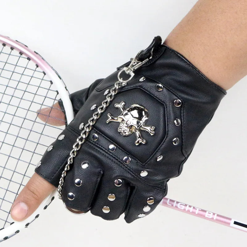 Skull Rivet Gloves Street Dance Men Fashion Punk Couple Chain Gloves Nightclub Women Waterproof PU Leather Half Finger Gloves