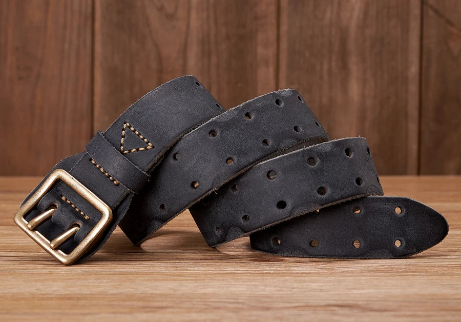 3.8CM Original Handmade Double-needle Buckle Men Belt Washed Water Made Old Macho Jeans Belt Genuine Leather Army Tactical Belt