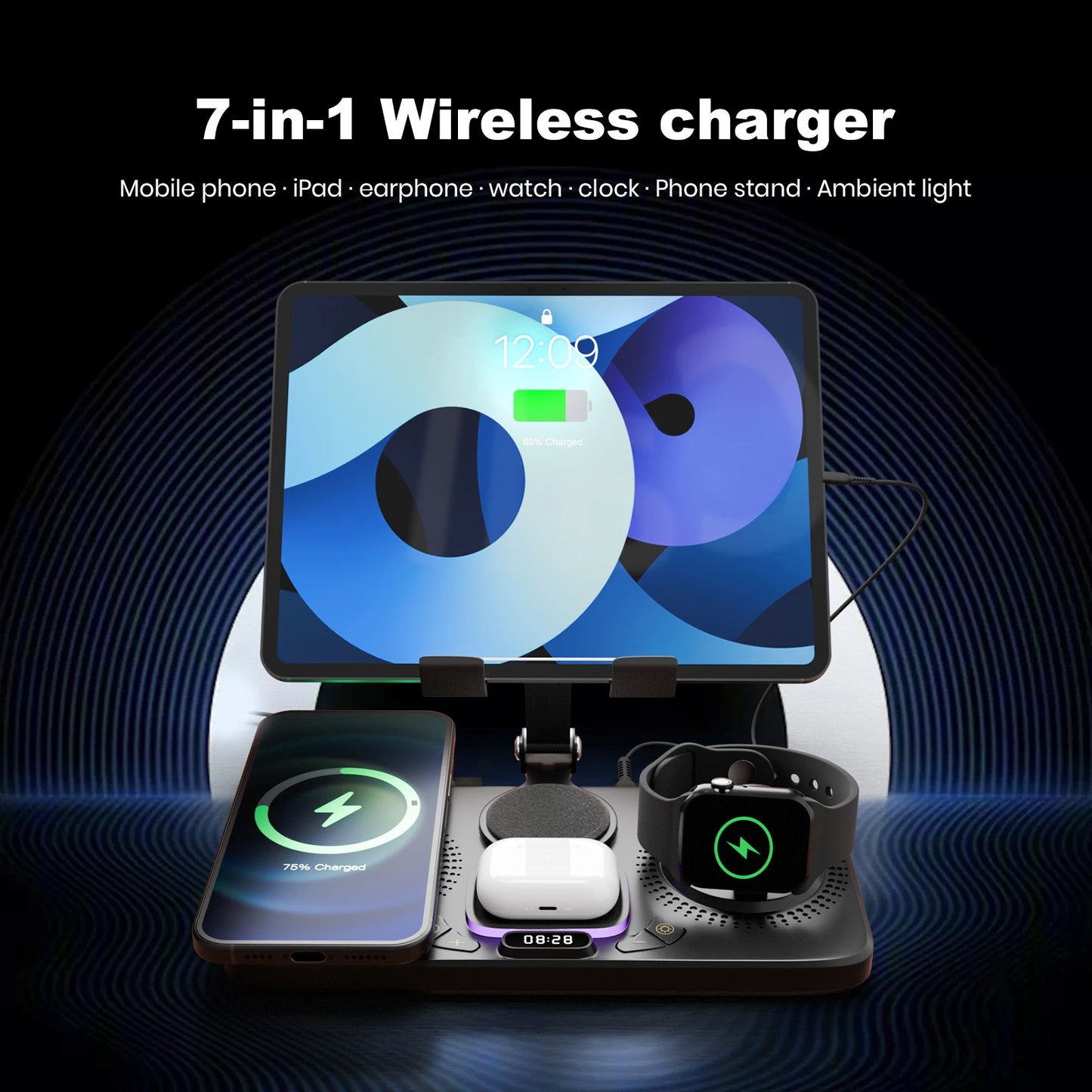 7-in-1 Wireless Charger Station 15W Foldable Fast Charging Alarm Clock Night Light for iPhone 17 16 15 14 Apple Watch AirPods