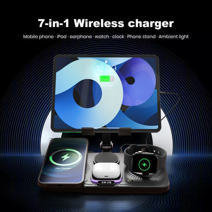 7-in-1 Wireless Charger Station 15W Foldable Fast Charging Alarm Clock Night Light for iPhone 17 16 15 14 Apple Watch AirPods