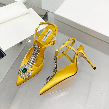 Ladies Wedding Shoes Rhinestone Pointed Toe High Heels Satin Gemstone Stiletto Sandals 2022 New Baotou Fairy Pump Wedding Shoes