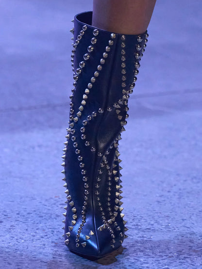 New European and American Women's Slim High Heels, Pointed Rivets, Knee Length Boots, Fashionable Party Oversized Mid Size Boots