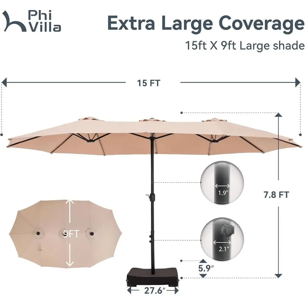 Large 15ft Rectangle Patio Umbrella with Stand, Outdoor Double-Sided Market Umbrella for Poolside and Backyard, Beige