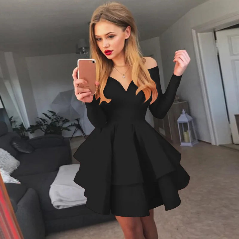 BKLD Autumn Clothes 2025 Solid Color Long Sleeve Sexy Clubwear V-Neck Off The Shoulder Evening Party Dress Red Dresses For Woman