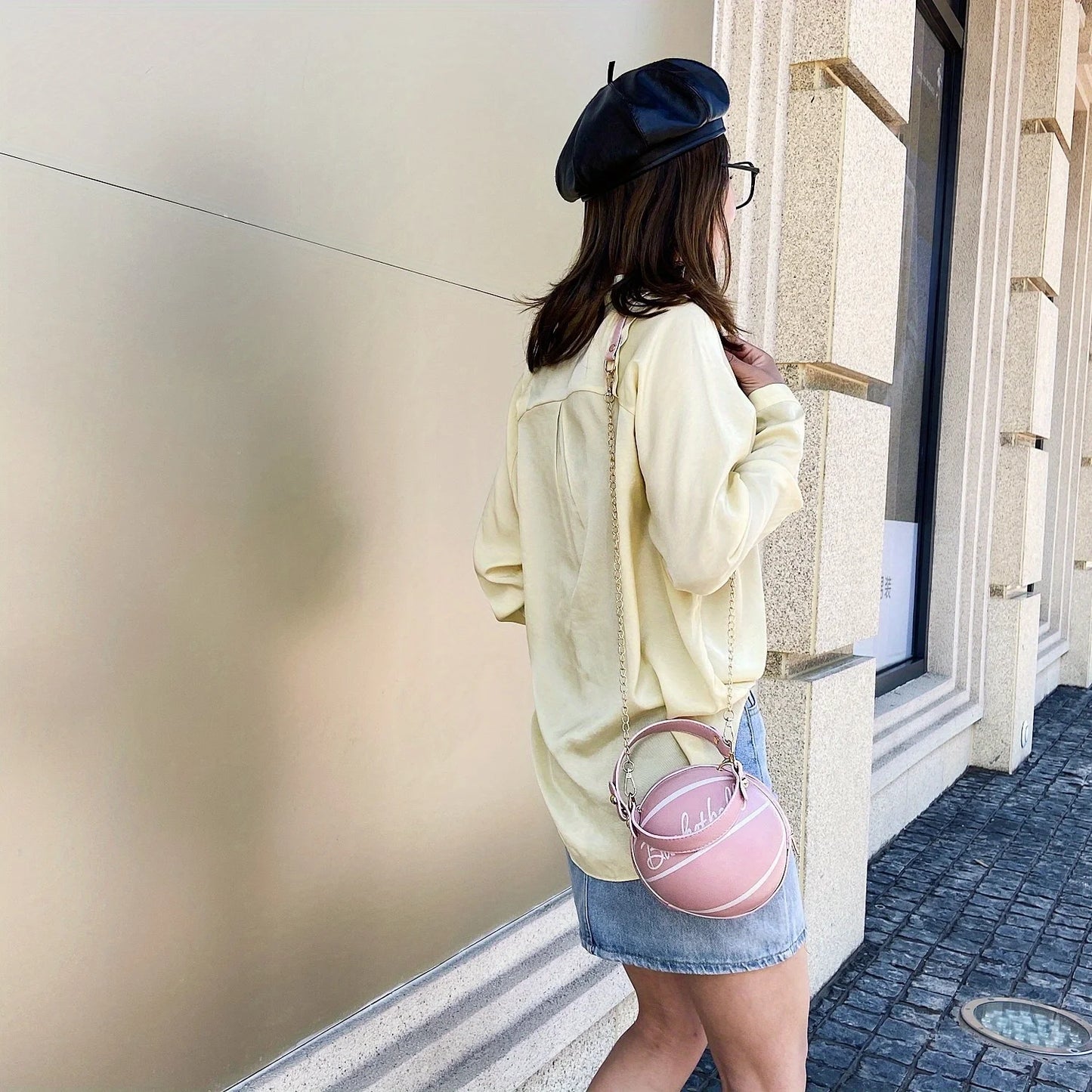 Basketball Shaped Crossbody Bag, Trendy Y2K Chain Shoulder Bag, PU Leather Top Handle Circle Purse Purses and Handbags Hand Bags