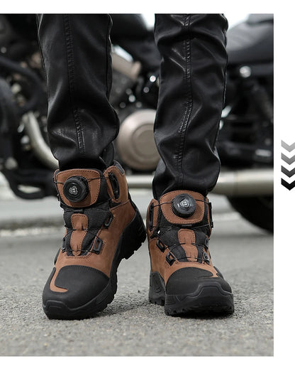 Men Motorcycle Riding Boots Waterproof Cowhide Leather Breathable Anti-Slip Wear-Resistant Street Moto Shoes