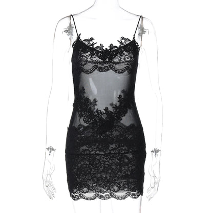 Hugcitar Women'S Fashion Lace Solid Slips Patchwork Sexy Slim See Through Mini Dress Summer Vacation Party Night Club Outfit