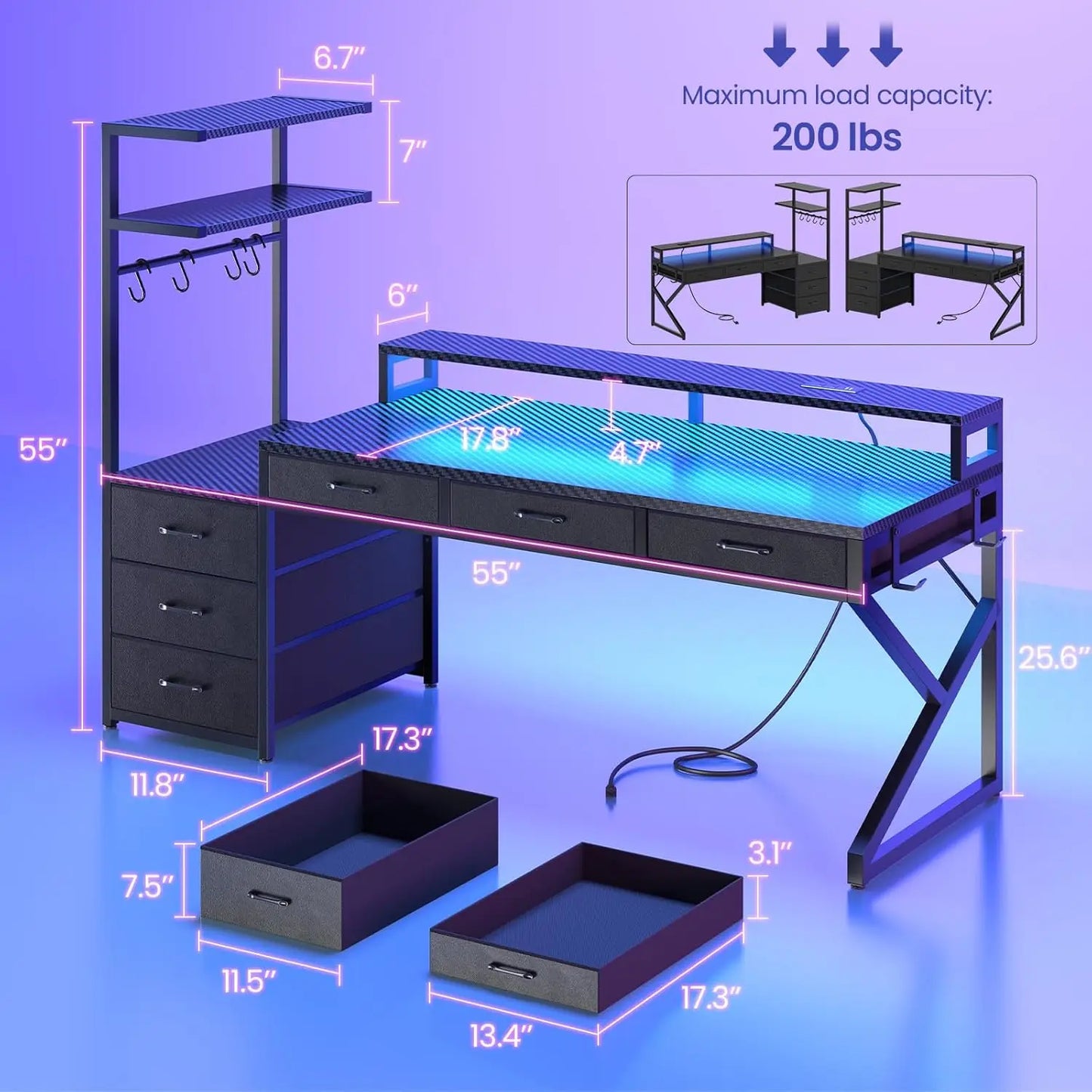 55" Gaming Desk with 6 Drawers, Corner Gaming Desk with Storage & LED Lights, Reversible PC Desk with Power Outlet,, Customized