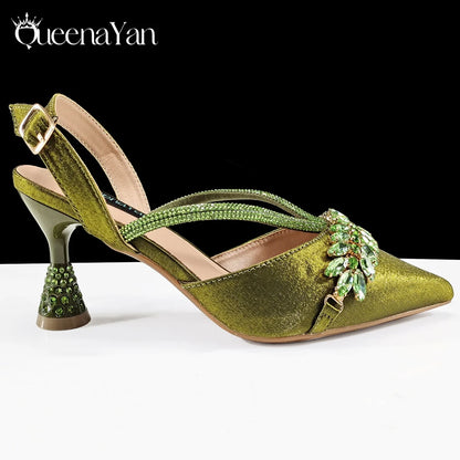 QueenaYan 2026 New Shiny Italian Fashion Pointed Toe Women Heel Fashion Rhinestone Decoration Pink Color Shoes And Bag Set
