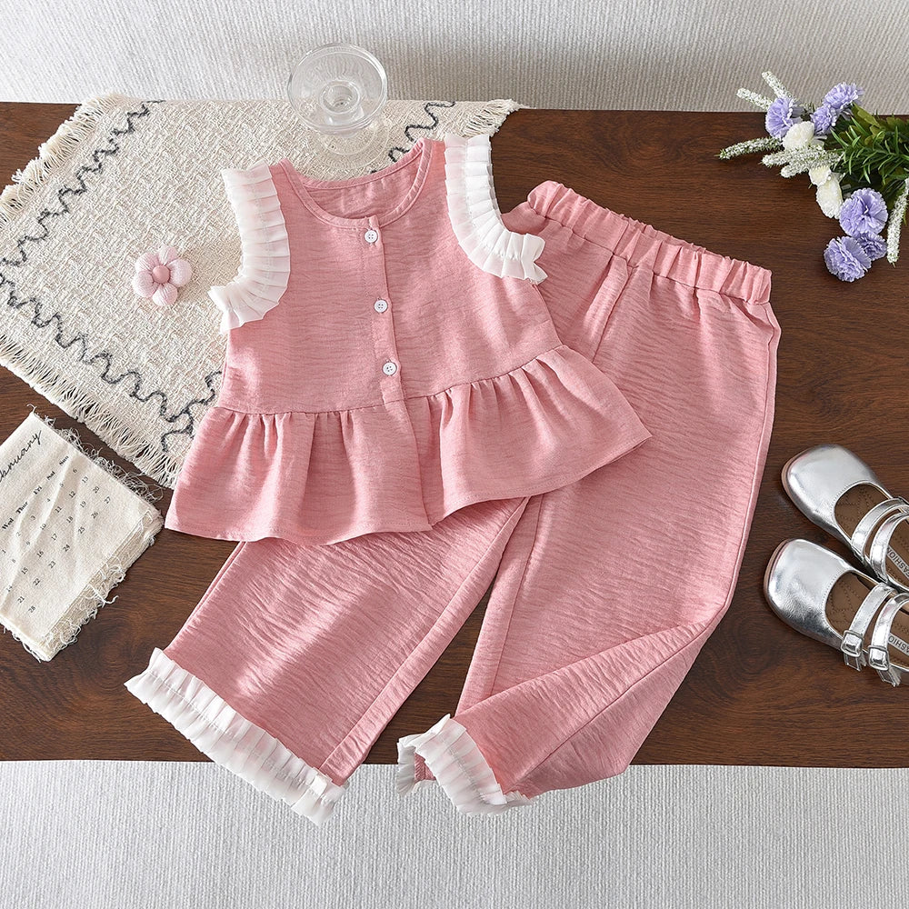 Bear Leader Korean Version Kids Clothes Girls Blue Imitation Denim Suit Summer New Sleeveless Top+Wide Leg Pants Two-piece Set