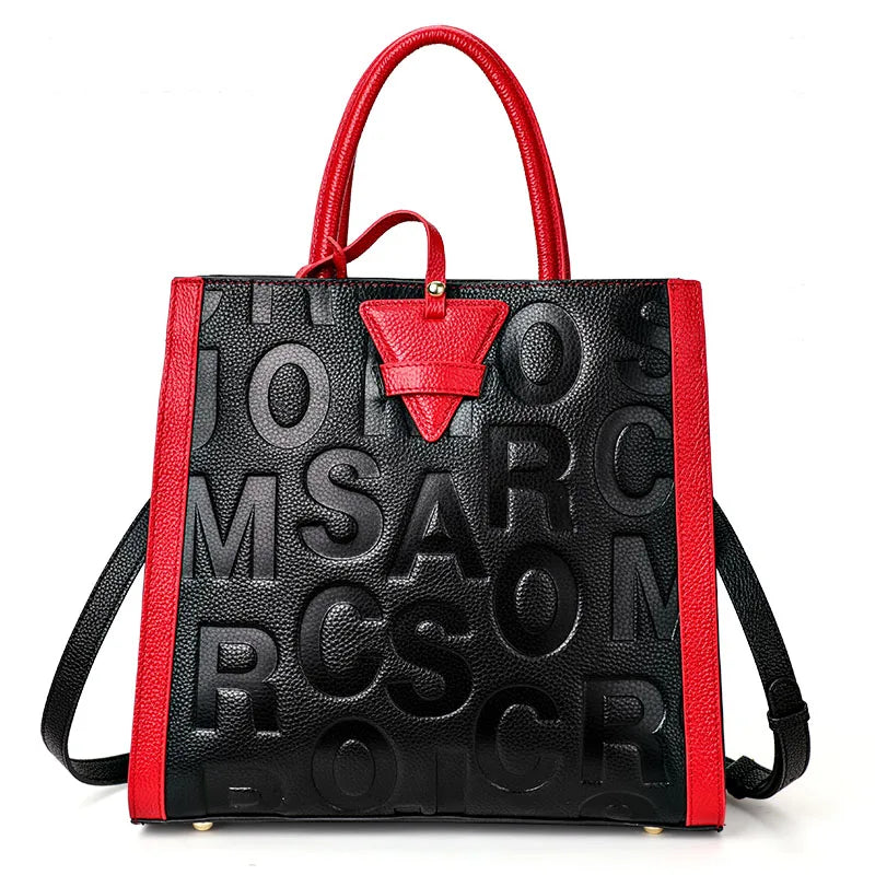 Genuine leather letter printed women's handbag new large capacity contrasting leather crossbody bag