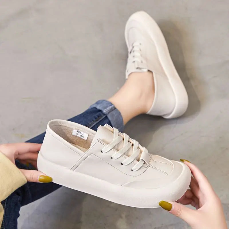GKTINOO Genuine Leather Lace Up White Shoes For Women Flats Heel Sofe Soles Sneakers Shoes Luxury Leisure Fashion Big Head Shoes