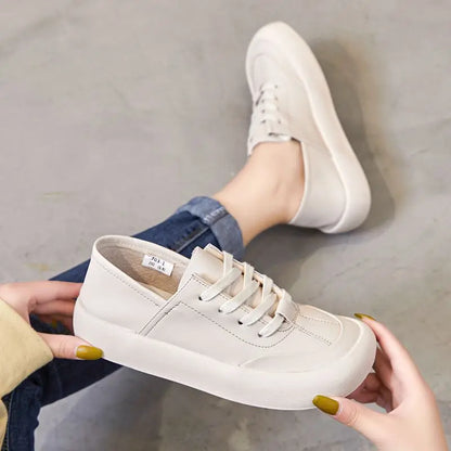 GKTINOO Genuine Leather Lace Up White Shoes For Women Flats Heel Sofe Soles Sneakers Shoes Luxury Leisure Fashion Big Head Shoes