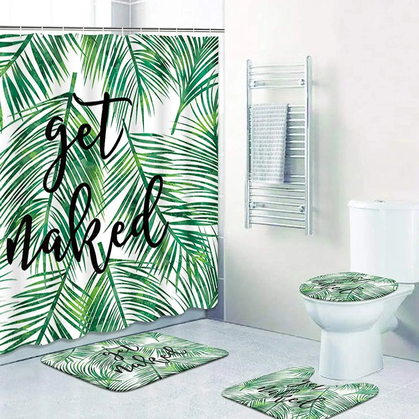 Banana Leaf Shower Curtain Set Non-Slip Rug Bathroom Accessories Tropical Palm Plant    Botanical Floral Green