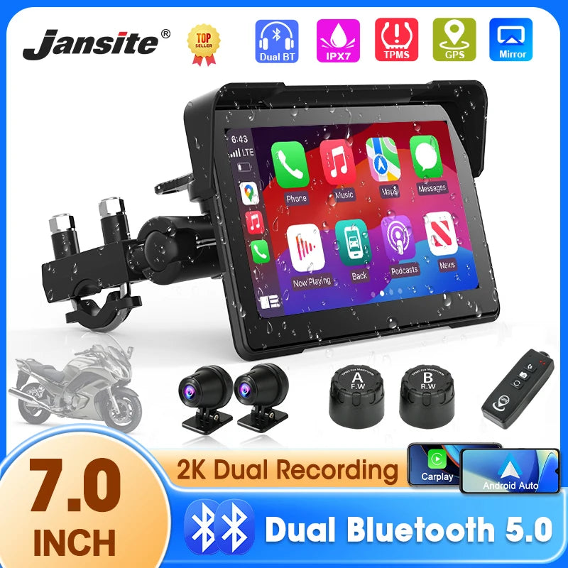 7 inch Portable Motorcycle Navigation Support 2K Camera  IPX7 Waterproof LCD Display For Wireless CarPlay Android Auto