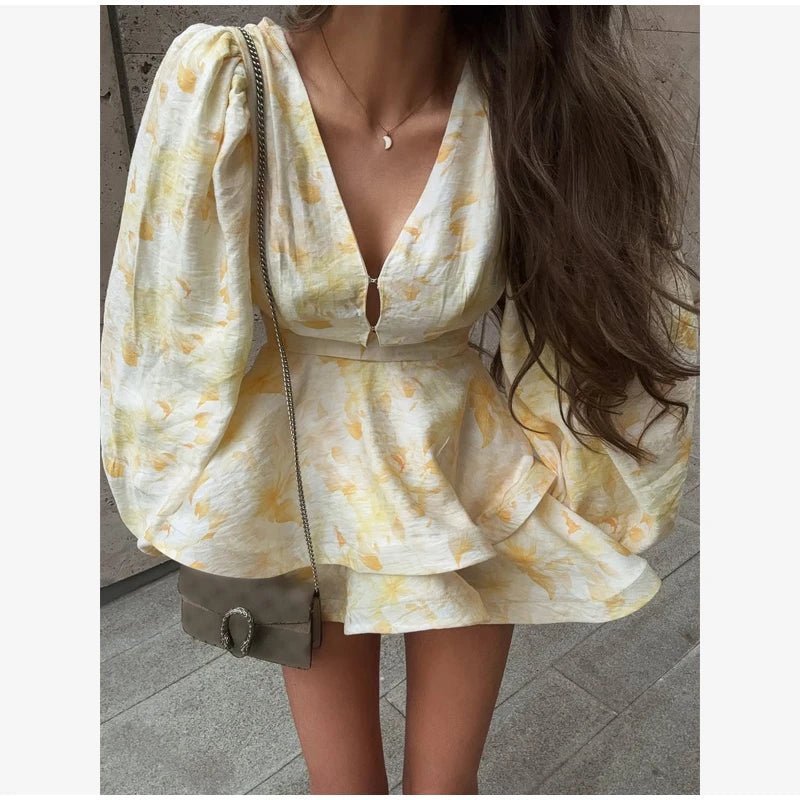 Sexy Deep V-neck Floral Printed  Long Sleeve Women Dress Fashion Waist-cinched Pleated Button-front Vestidos 2026 Daily Outfits