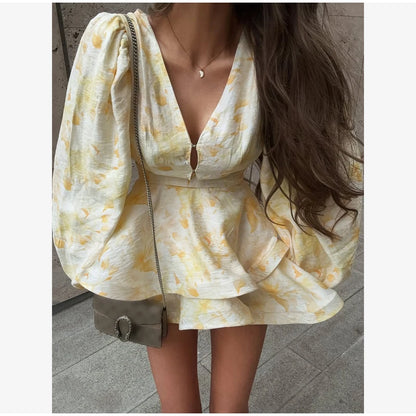 Sexy Deep V-neck Floral Printed  Long Sleeve Women Dress Fashion Waist-cinched Pleated Button-front Vestidos 2026 Daily Outfits