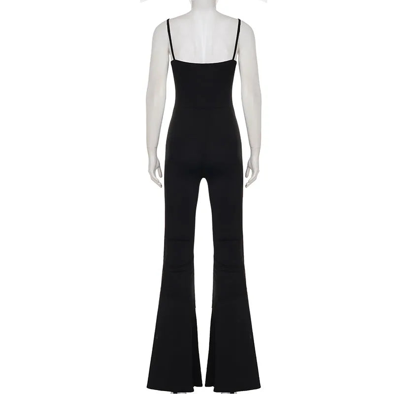 SUCHCUTE Sexy Padded Cup Slim Waist Jumpsuit Women Elegant Sleeveless Spaghetti Strap Rompers Streetwear Flare Pants One Piece