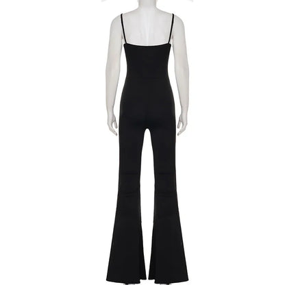 SUCHCUTE Sexy Padded Cup Slim Waist Jumpsuit Women Elegant Sleeveless Spaghetti Strap Rompers Streetwear Flare Pants One Piece
