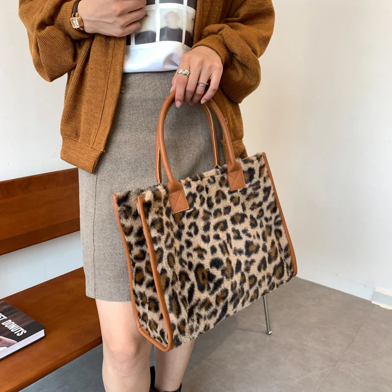 Winter Faux Fur ,Leopard Print Designer Shopper Totes, Fashion Soft Plush Women Shoulder Bags, Large Capacity Handbags and Purse