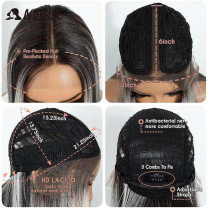 Noble 38 Inch Extra Long Straight Synthetic Lace Front Wig Skunk Stripe Grey White Ombre Glueless Heat Resistant Wig For Women