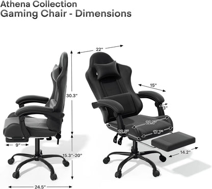 Gaming Chair, Ergonomic Gaming Chair with Footrest & Headrest Lumbar Support, Height Adjustable Swivel Compute