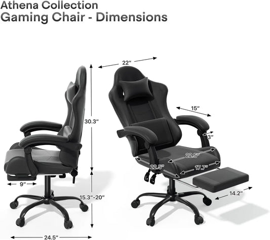 Gaming Chair, Ergonomic Gaming Chair with Footrest & Headrest Lumbar Support, Height Adjustable Swivel Compute