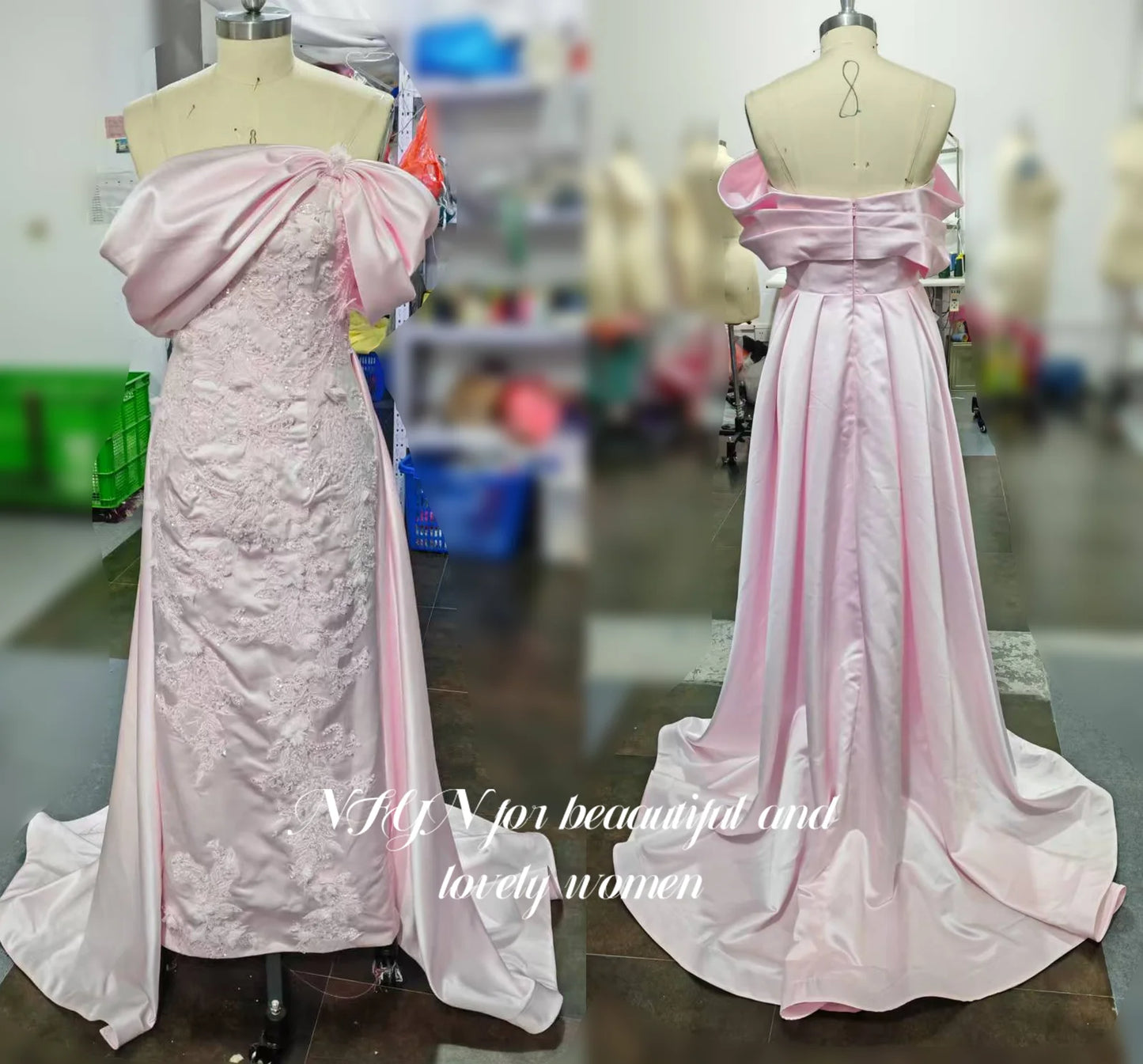 NFYN Pink Elegant Prom Dresses Off the Shoulder Pleating Appliques Party Dress Satin 3D-Bow Mermaid Evening Dresses Customized
