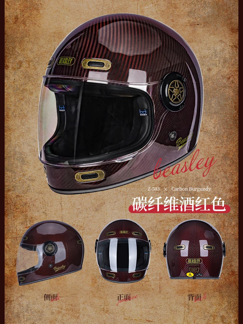 BEASLEY Retro Helmet Men's Women's Cruise Motorcycle Fiberglass Full Helmet Carbon Fiber Motorcycle Helmet DOT Certification