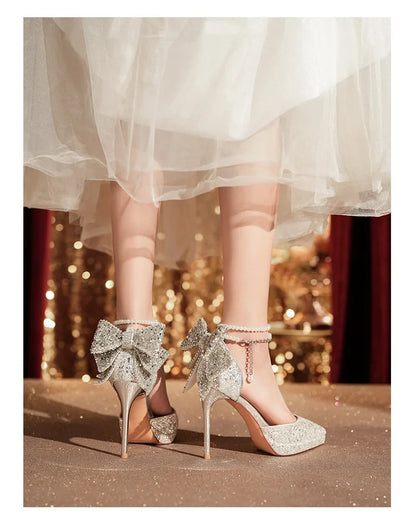 Shiny Glitter Bow Pearl Chain High Heels Wedding Banquet Dress Wedding Shoes Women's Shoes