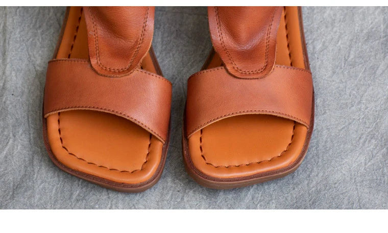 Birkuir High Top Open Toe Sandals For Women Summer Boots Luxury Hollow Out Beach Sandals Genuine Leather Flats Shoes Ladies