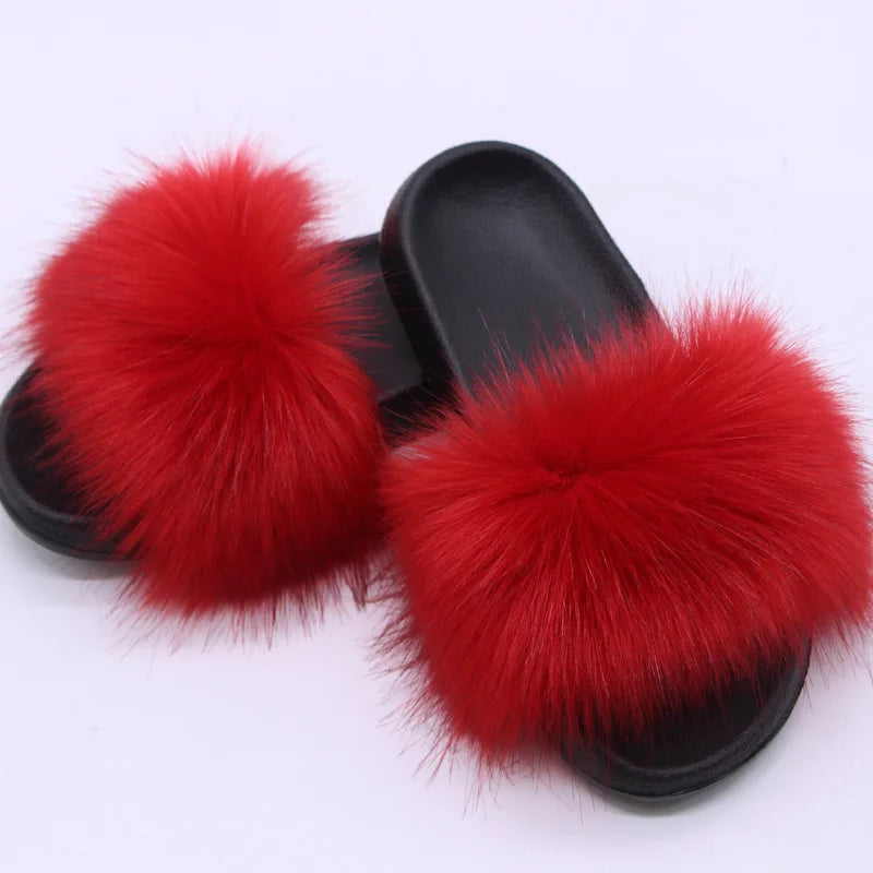 Women's  Faux Fox Fur Slides Fluffy Open Toe Slippers Indoor Outdoor Casual Flat Sandals Luxury Furry Slide Shoes for Ladies