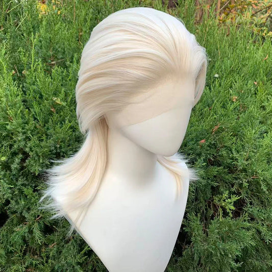 White Blonde Lace Front Wigs for Women 13×4 Glueless Wolf Tail Synthetic Hair Wig Heat Resistant Cosplay Wig for Men
