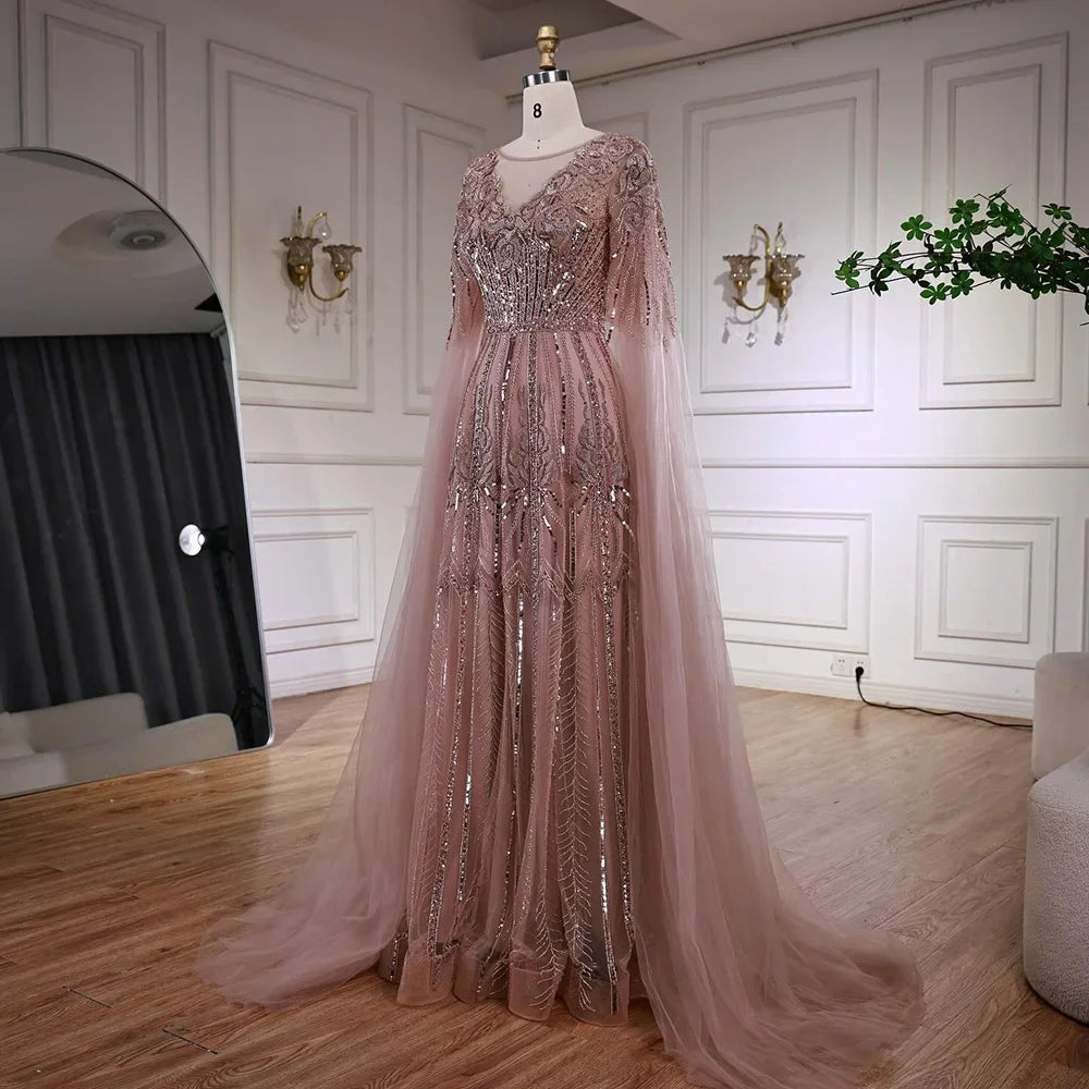 Luxury Elegant Rose Gold Beaded A Line Evening Dress with Cape Sleeves for Formal Party Serene Hill 2026 Customized CLA73056