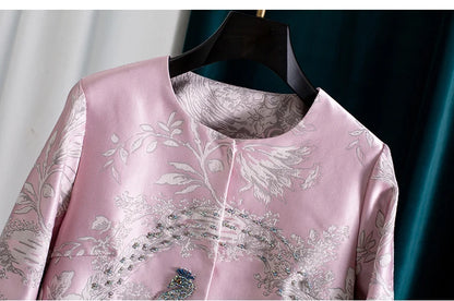 Luxury Beaded Pink Chinese Style Women's Top 2025 Loose Shoulder Embroidery Jacquard Elegant Fashion Blouse Outerwear