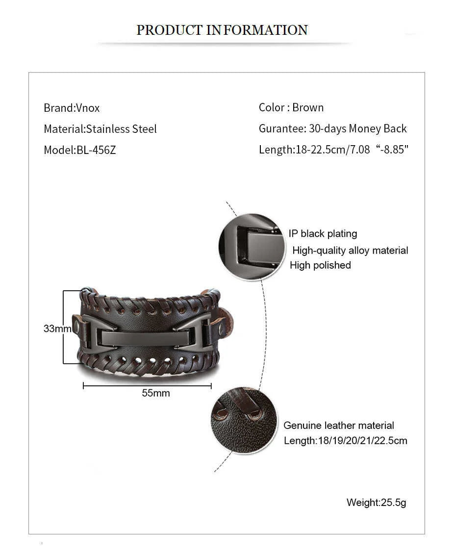 Vnox Wide Leather Wristband for Men Stylish Genuine Leather Bangle with Metal Charm Bracelets Punk Male Pulseira