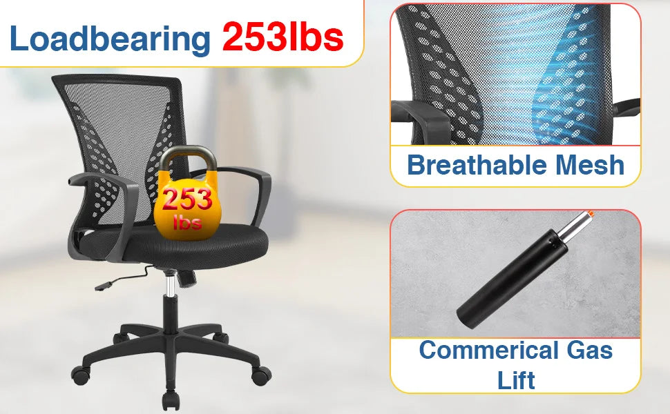 Office Chair Mesh Chair Ergonomic Computer Desk Chair Mid Back Swivel Lumbar Support with Armrest