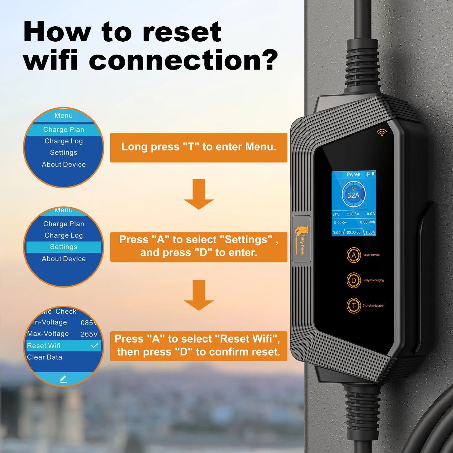 feyree Type1 7KW 32A 1Phase Portable EV Charger J1772 Socket with 5m Cable Smart APP WIFI Control Version for Electric Vehicle