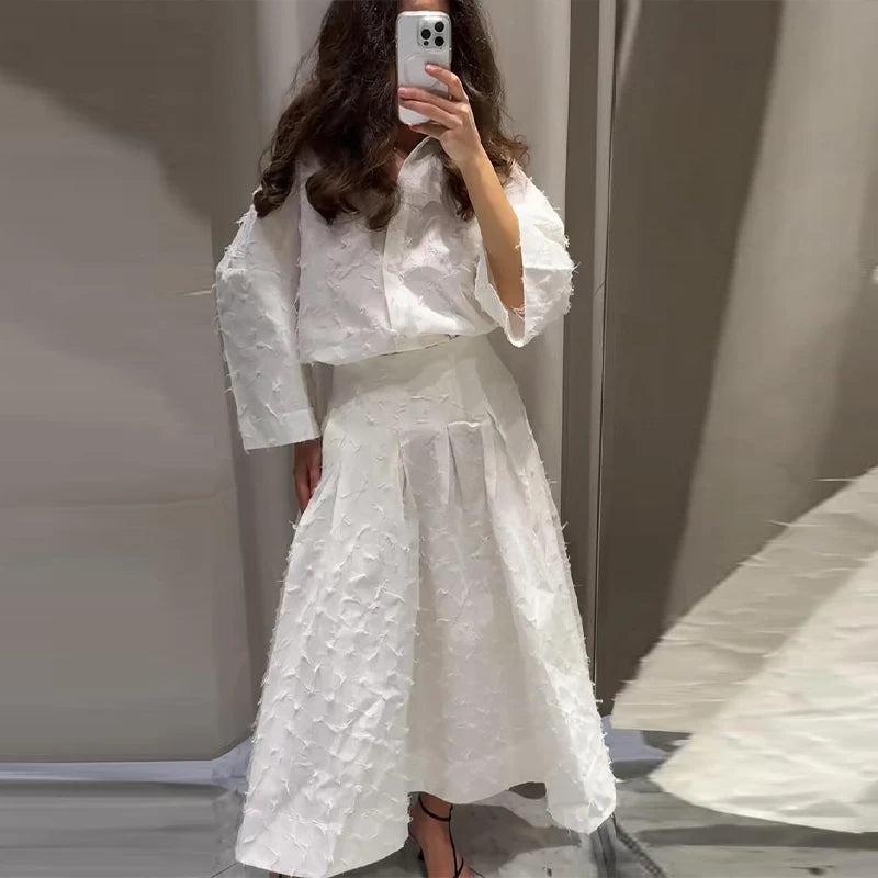 Elegant Fringe Skirts Sets 2 Pieces Women Lapel Buttons Long Sleeve Blouses Pleated A-line Long Skirts 2025 Summer Chic Outfits