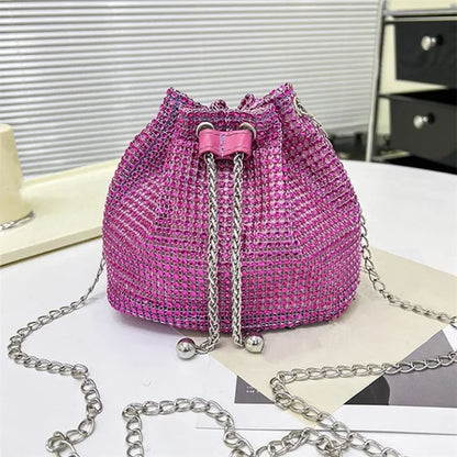 Sparkling Rhinestone Embellished Drawstring Crossbody Bag for Women Multi-Functional Bucket Purse with Detachable Chain Strap
