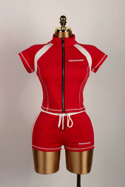 2025 Summer European and American Street Spice Girl Style Zipper Cardigan Slim Casual Sports Short-sleeved T-shirt Top Set