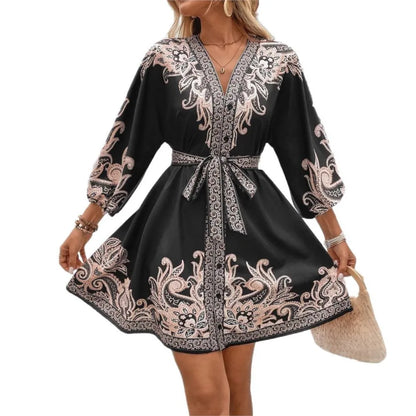 Elegant Women's Retro Printed V Neck Lantern Sleeve Dress Spring Summer Fashion Cinched Waist Lace-up Female Vacation Shortskirt