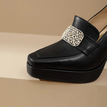 【JOCHEBED HU】Brand Genuine Leather Platform Shoes for Ladies Square Toes Women's Sewing Lines High Heels Leather