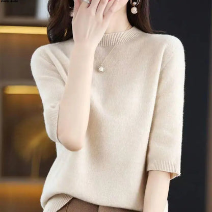 2026 New Soft Short Sleeve Women's Half High Neck Overhead Wool Blend Simple Loose Thin Seven Sleeve Woolen Sweater