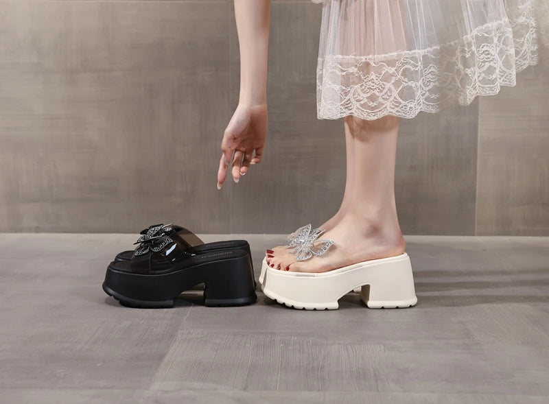 AUTUSPIN 9cm High Thick Heels Women Sandals Summer Sexy Fashion Slides Shoes Crystal Buttetfly PVC Transperant Ladies Shoes