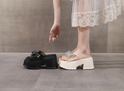 AUTUSPIN 9cm High Thick Heels Women Sandals Summer Sexy Fashion Slides Shoes Crystal Buttetfly PVC Transperant Ladies Shoes