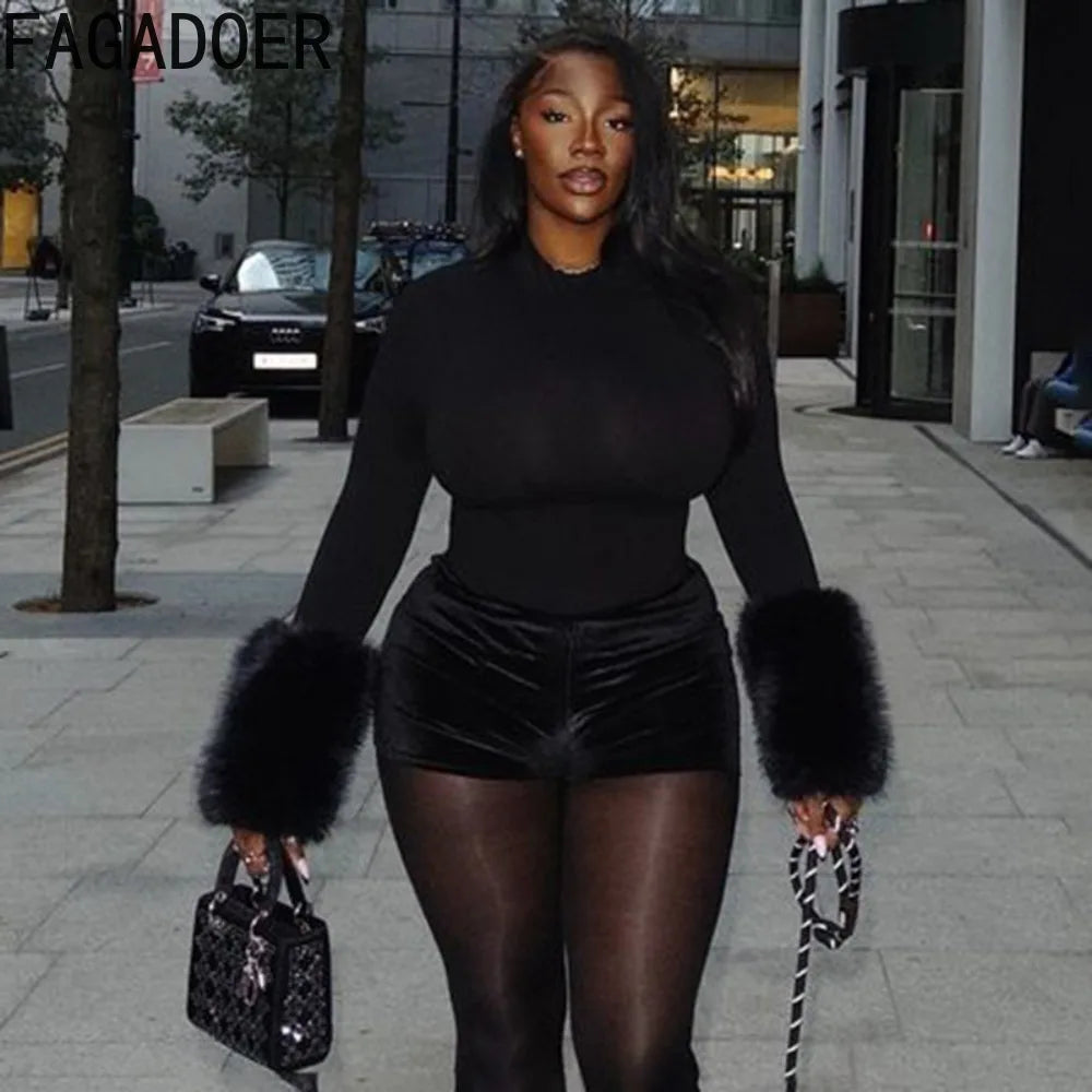 FAGADOER Winter New Sexy Fur Patchwork 2 Pieces Set for Woman Outfits Long Sleeves Bodycon Playsuits + Shorts Female Streetwear