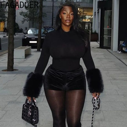 FAGADOER Winter New Sexy Fur Patchwork 2 Pieces Set for Woman Outfits Long Sleeves Bodycon Playsuits + Shorts Female Streetwear