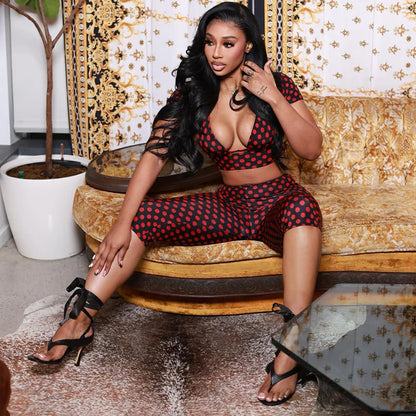 FAGADOER Sexy Woman 3 Piece Set Outfit Polka Dot Print Patchwork Short Sleeve Crop Top and Pants Matching Female Streetwear New