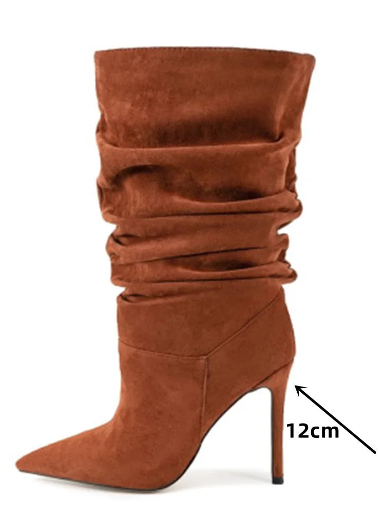 2025Women's Autumn and Winter New Pleated High-heeled Short Boots with Pointed Sleeves, Women's 35-47 Large Mid Length Boots